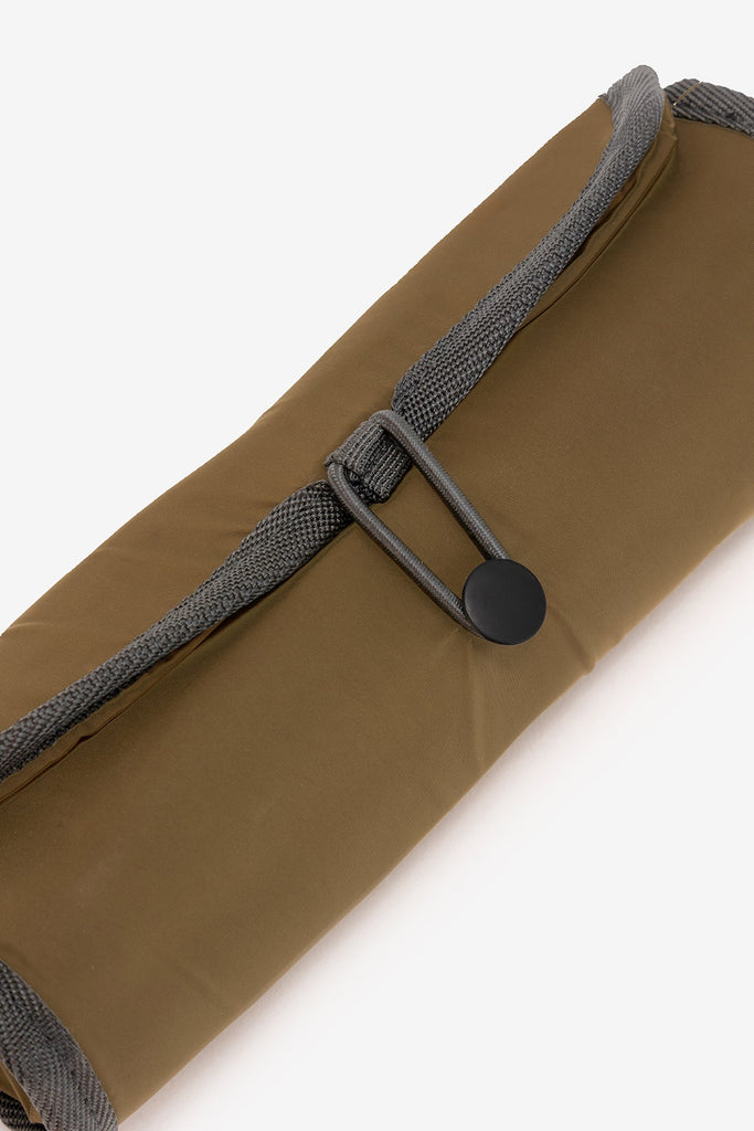 Ecoalf brown roll-up pouch with gray detailing and a black button closure. Stylish and eco-friendly design.