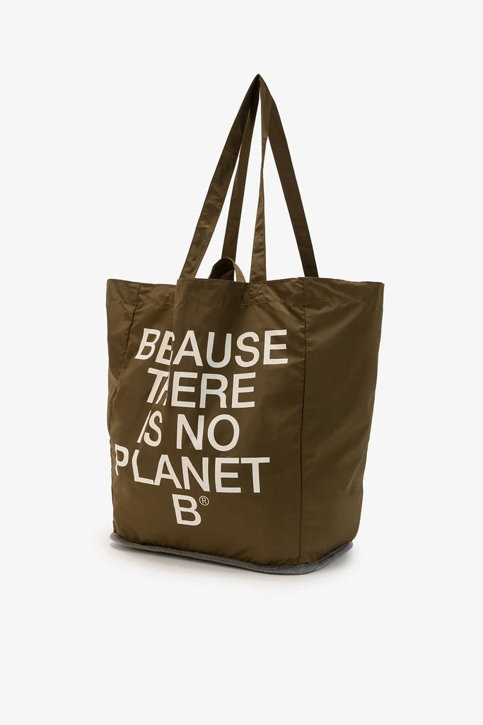 Ecoalf olive green tote bag with white text "BECAUSE THERE IS NO PLANET B" and gray bottom.