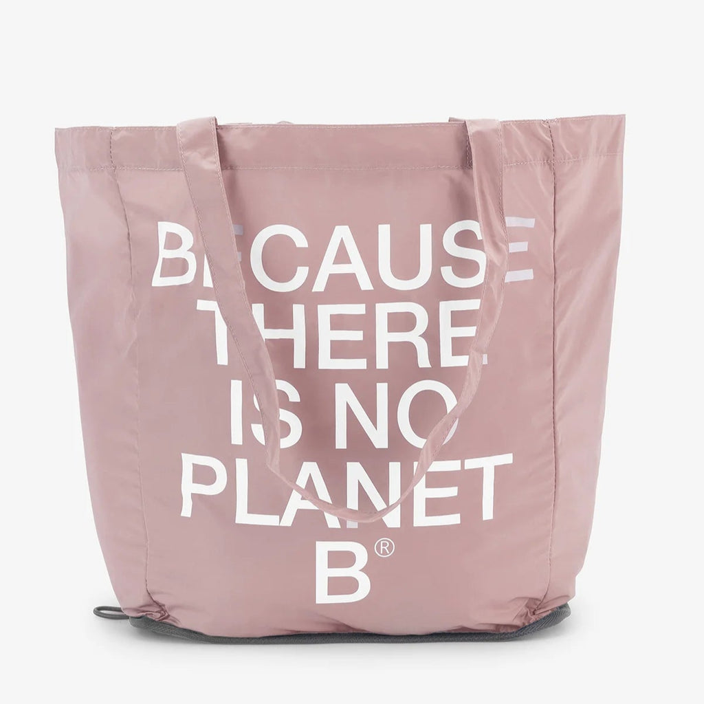 Ecoalf pink tote bag with white text "BECAUSE THERE IS NO PLANET B". Simple design, perfect for eco-conscious shoppers.