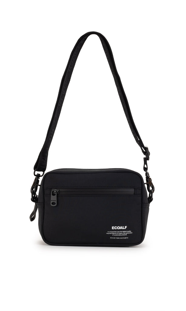Black Ecoalf bag with a shoulder strap and a front zip pocket, featuring white logo text on the side.