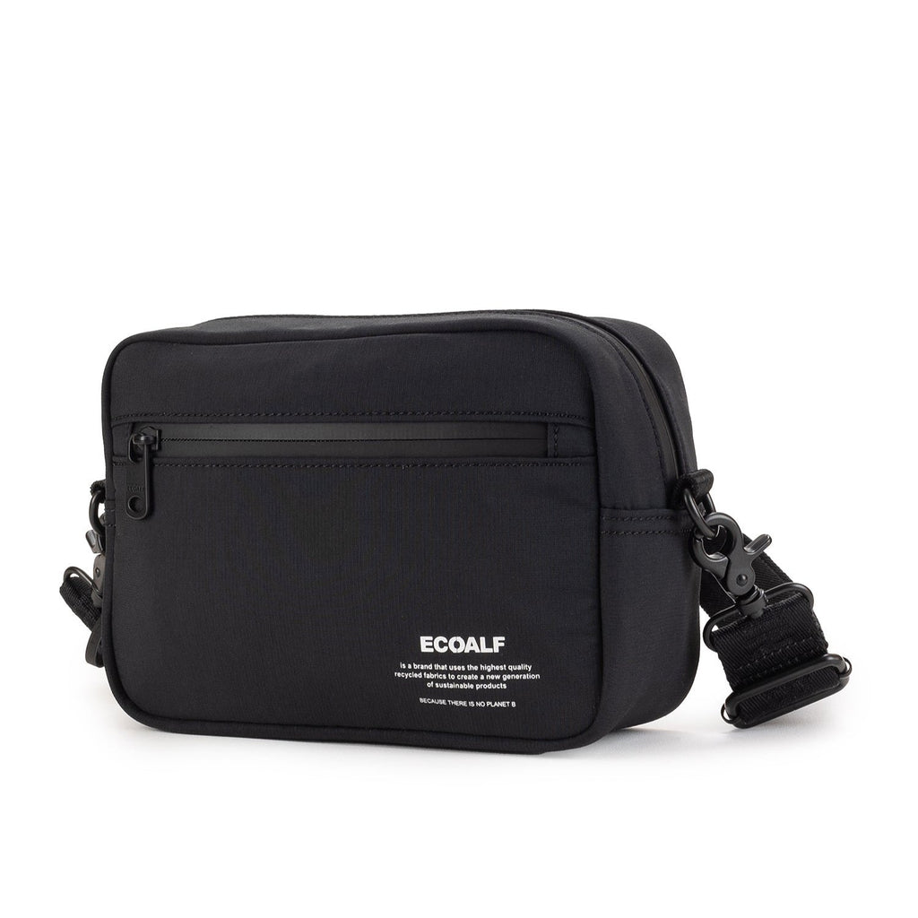 Black Ecoalf messenger bag with a front zip pocket and adjustable strap. Minimalist design and eco-friendly materials.