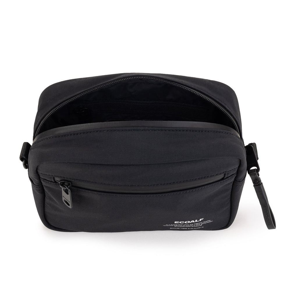 Black Ecoalf bag with an open top and zippered pocket, showcasing a minimalist design.