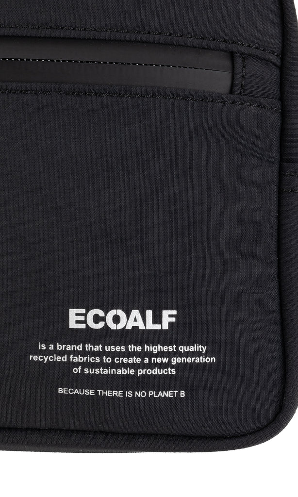 Black Ecoalf bag with white text emphasizing sustainable products and the slogan "BECAUSE THERE IS NO PLANET B."