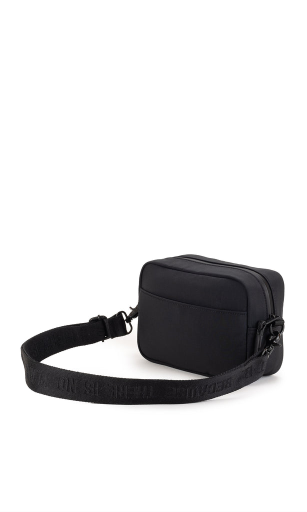 Black Ecoalf bag with a textured strap featuring the brand name in black. Simple and elegant design.