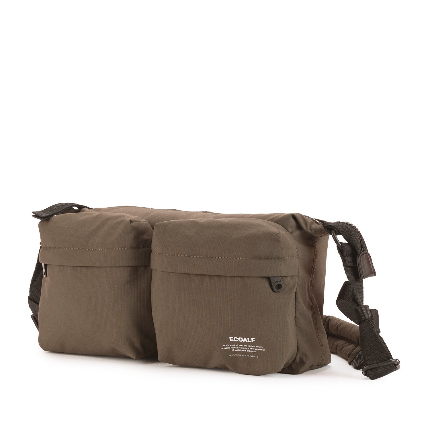 Olive green Ecoalf waist bag with two front pockets and adjustable strap.