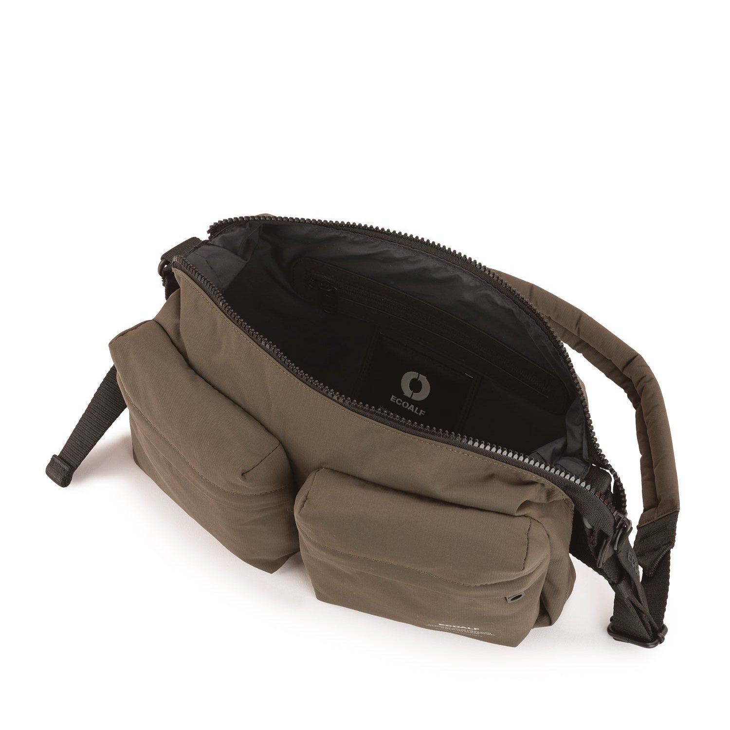 Olive-green crossbody bag with multiple compartments and zipper closure.