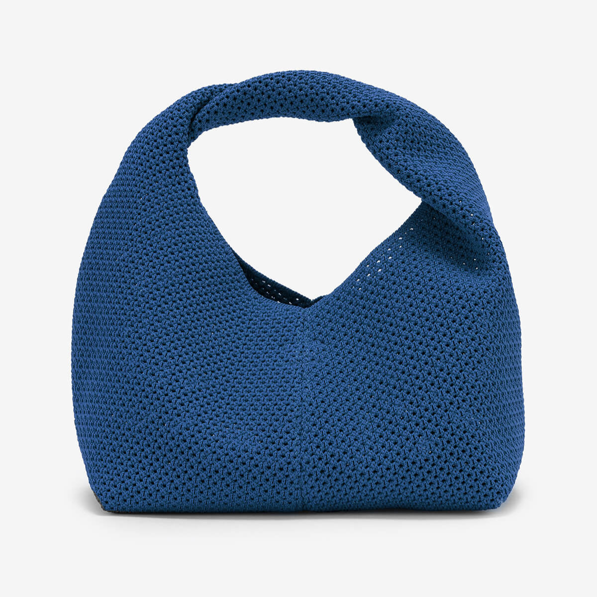 Blue knitted hobo bag with a textured, open weave.