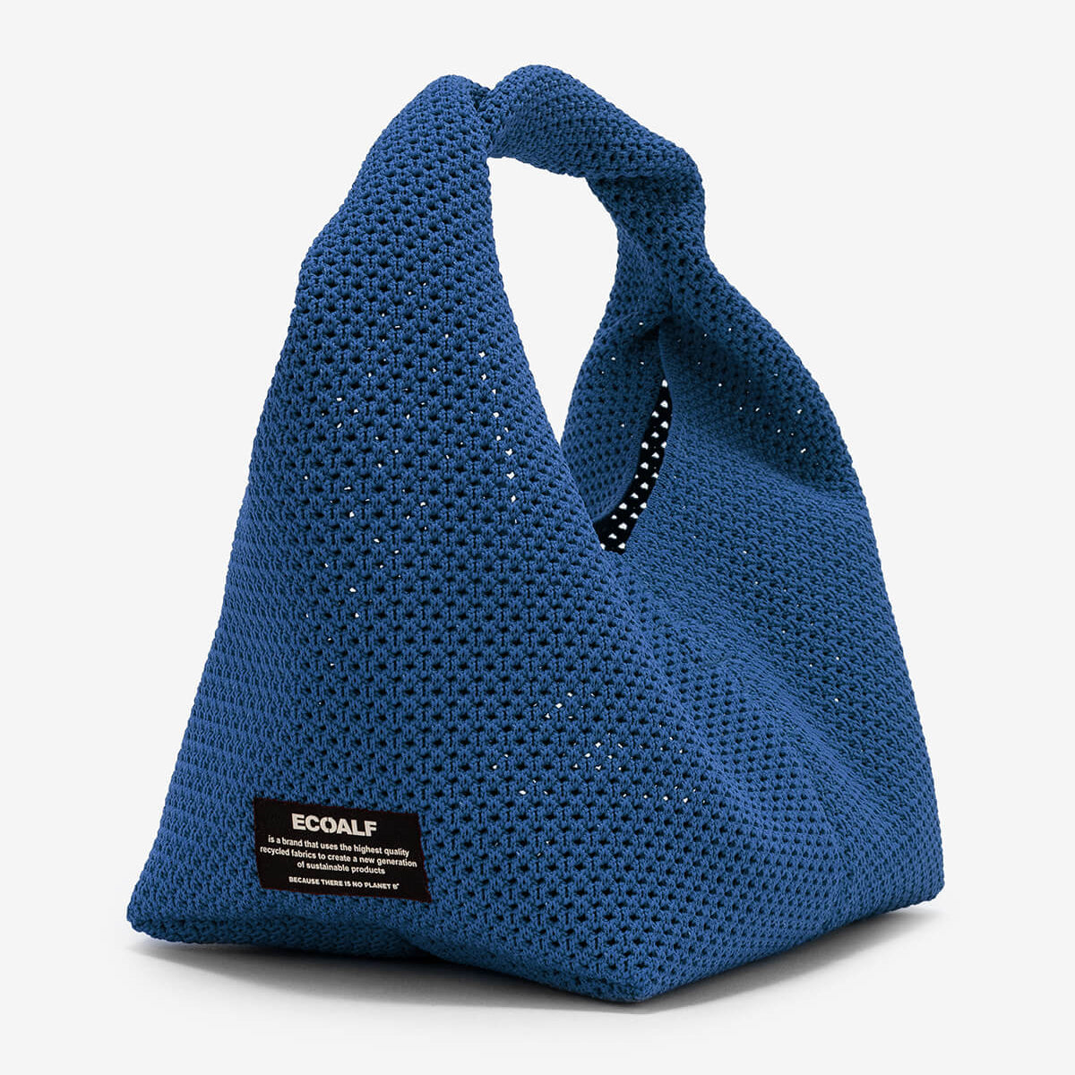 Blue knitted tote bag with a knotted handle and open weave.