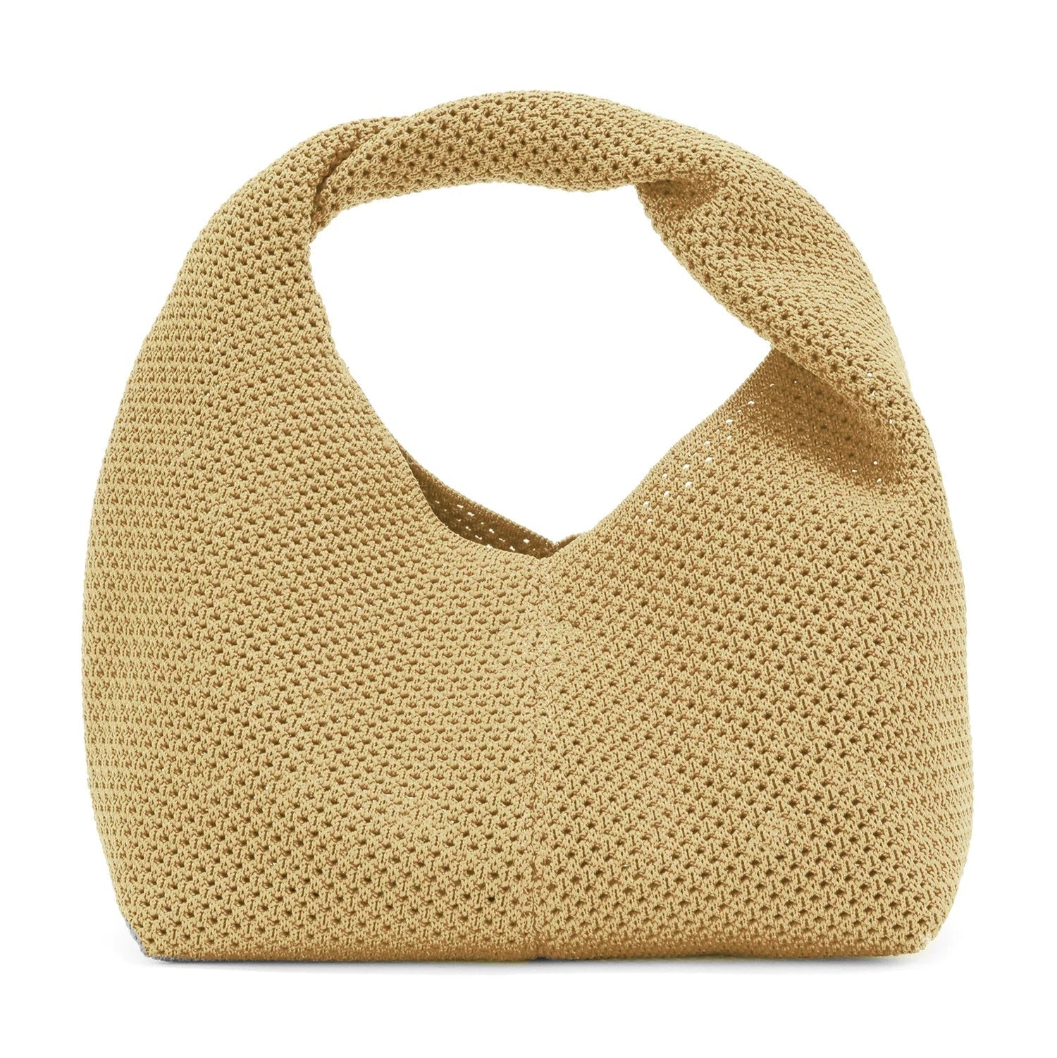 Tan crocheted hobo bag with a relaxed, slouchy shape and open top.