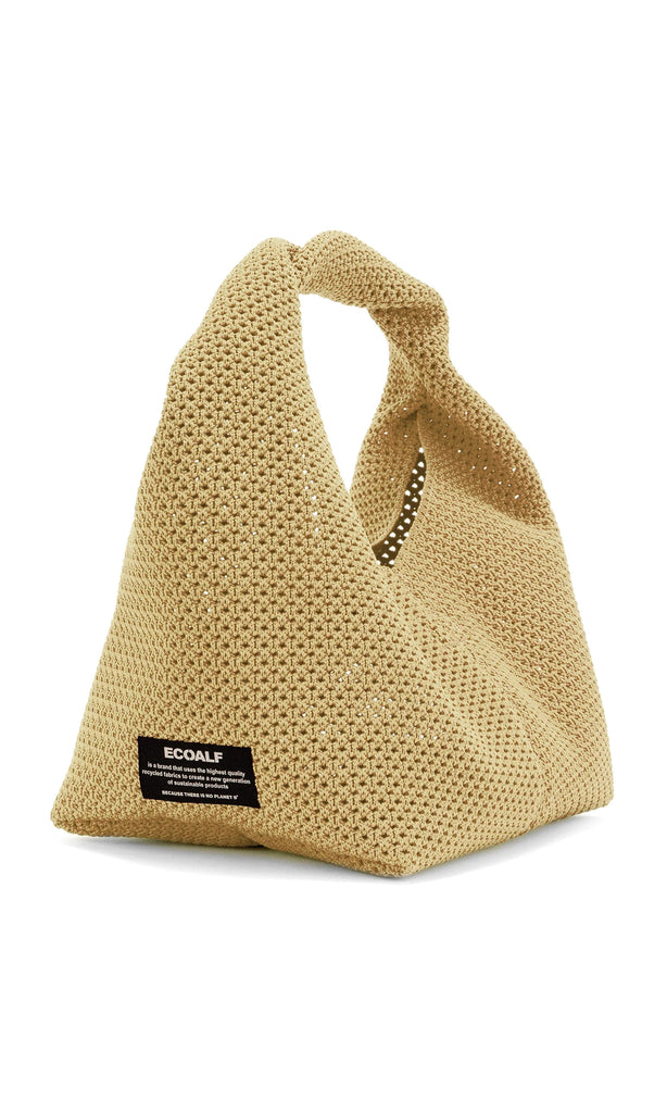 Ecoalf tan woven bag with a unique shape and textured surface, featuring a black brand label.