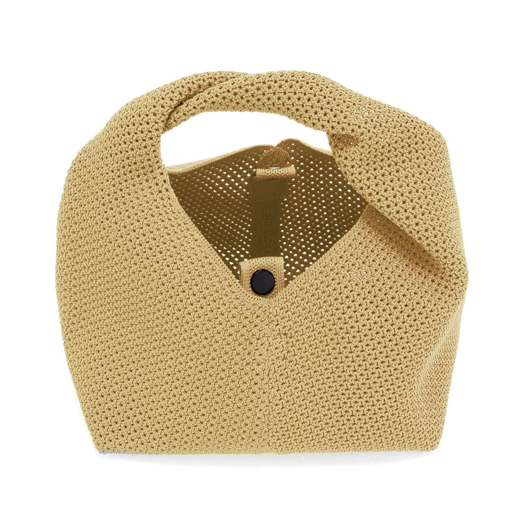 Ecoalf beige woven bag with a unique shape and handle, featuring a button closure and textured pattern.