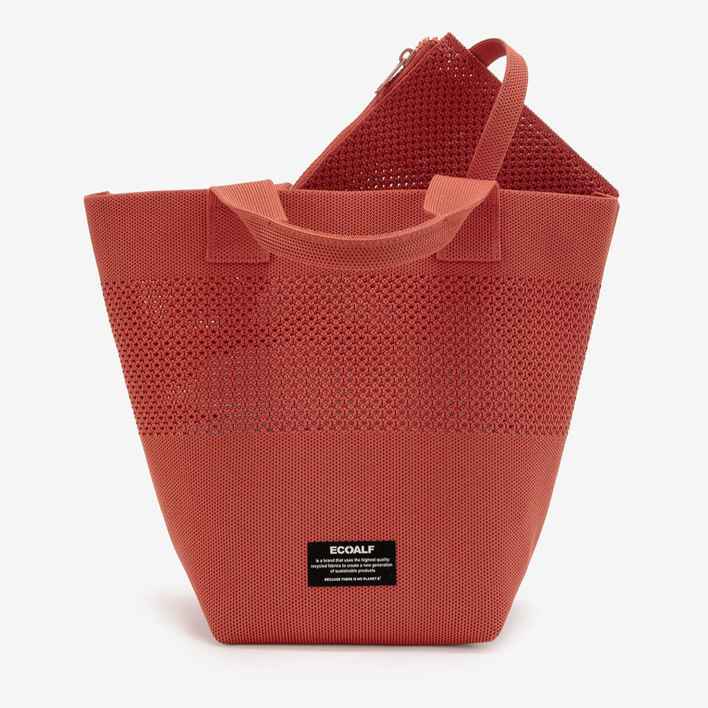 Red Ecoalf tote bag with a textured pattern and a matching smaller pouch inside.