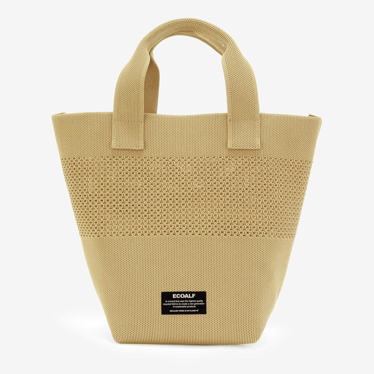 Beige knitted tote bag with short handles and a textured pattern.