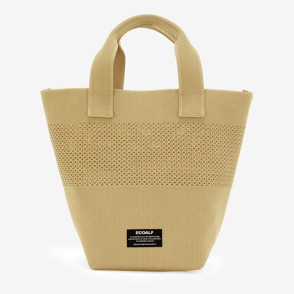 Beige Ecoalf tote bag with textured design and dual handles, featuring a brand label on the front.