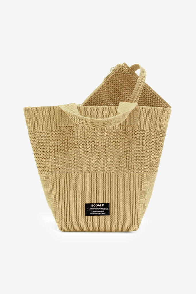 Ecoalf tote bag in beige with a textured design and matching smaller pouch. Features branded label on the side.