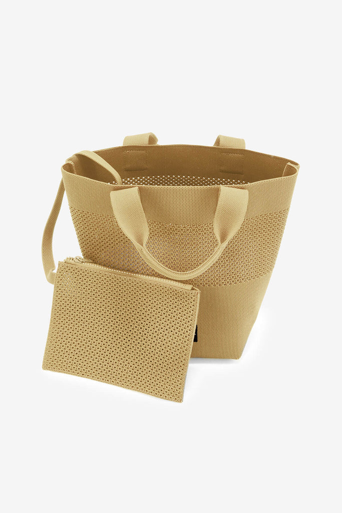 Ecoalf beige tote bag with matching detachable pouch, featuring a textured design and sturdy handles.