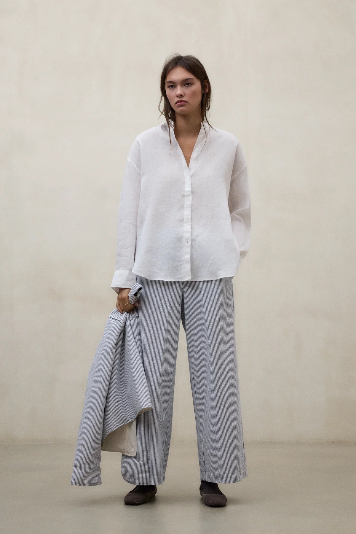 blue and white pinstripe trousers with elasticated waist