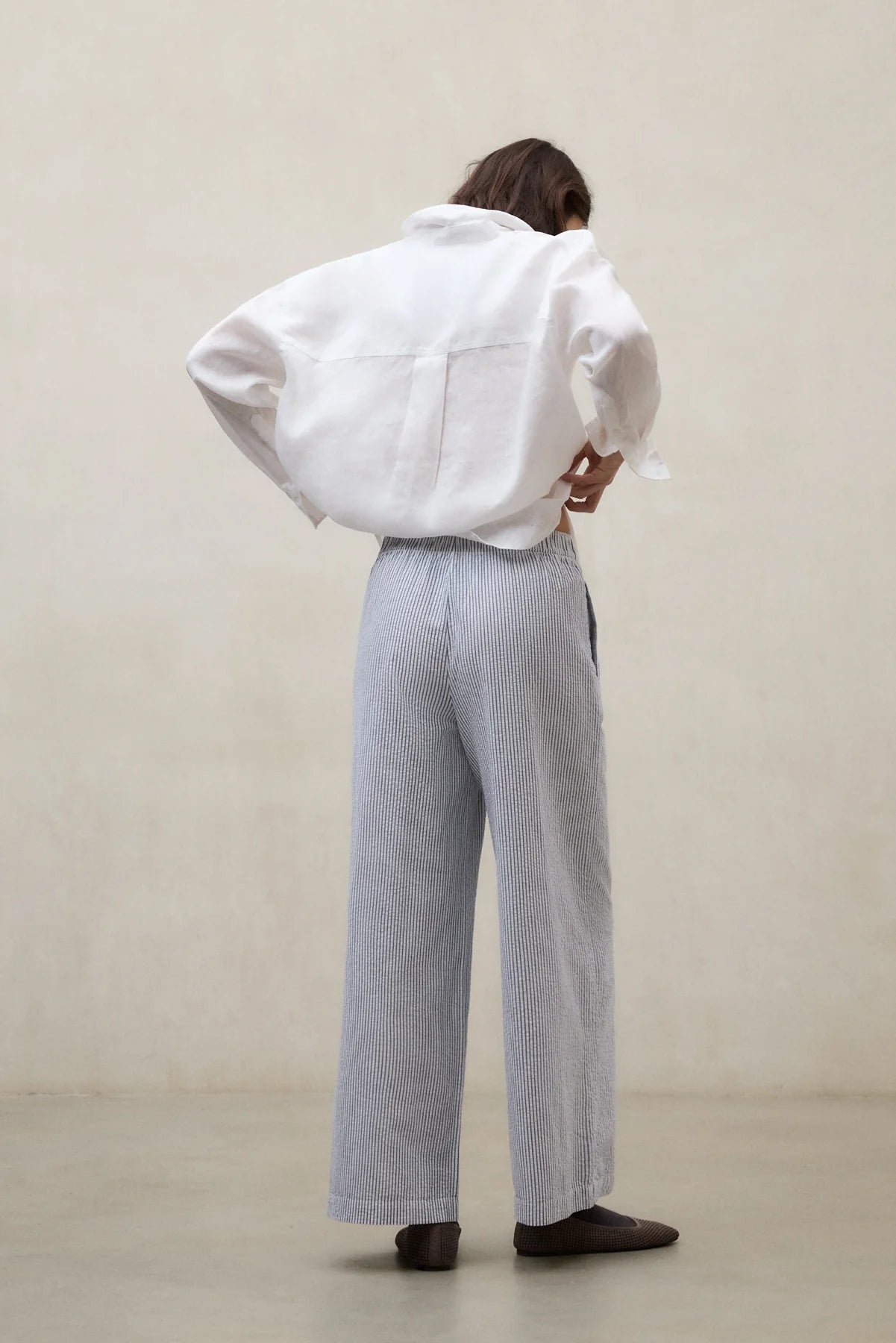 blue and white pinstripe trousers with elasticated waist