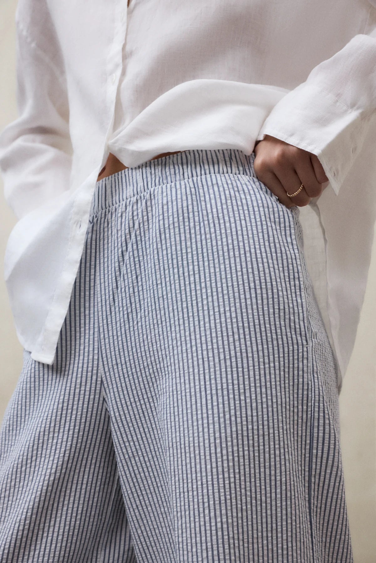 blue and white pinstripe trousers with elasticated waist