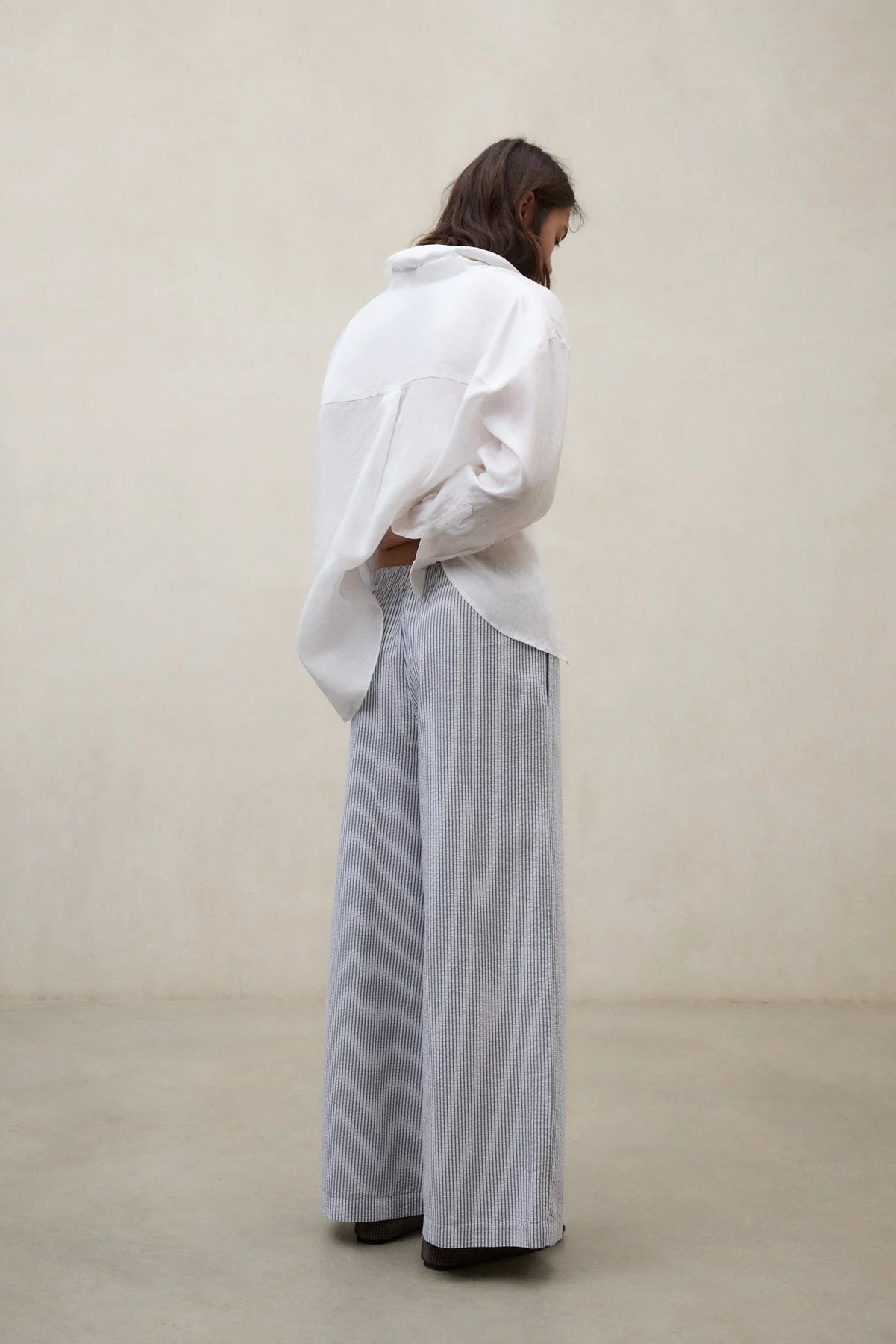 blue and white pinstripe trousers with elasticated waist