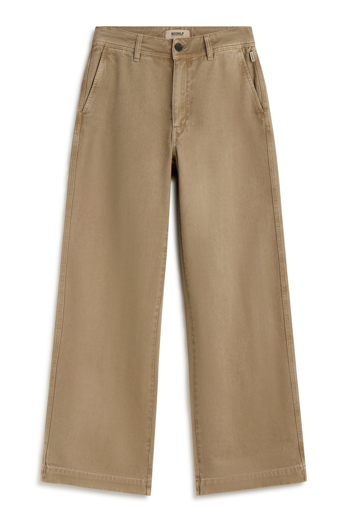 Taupe wide-leg Ecoalf pants with front pockets and a button closure.