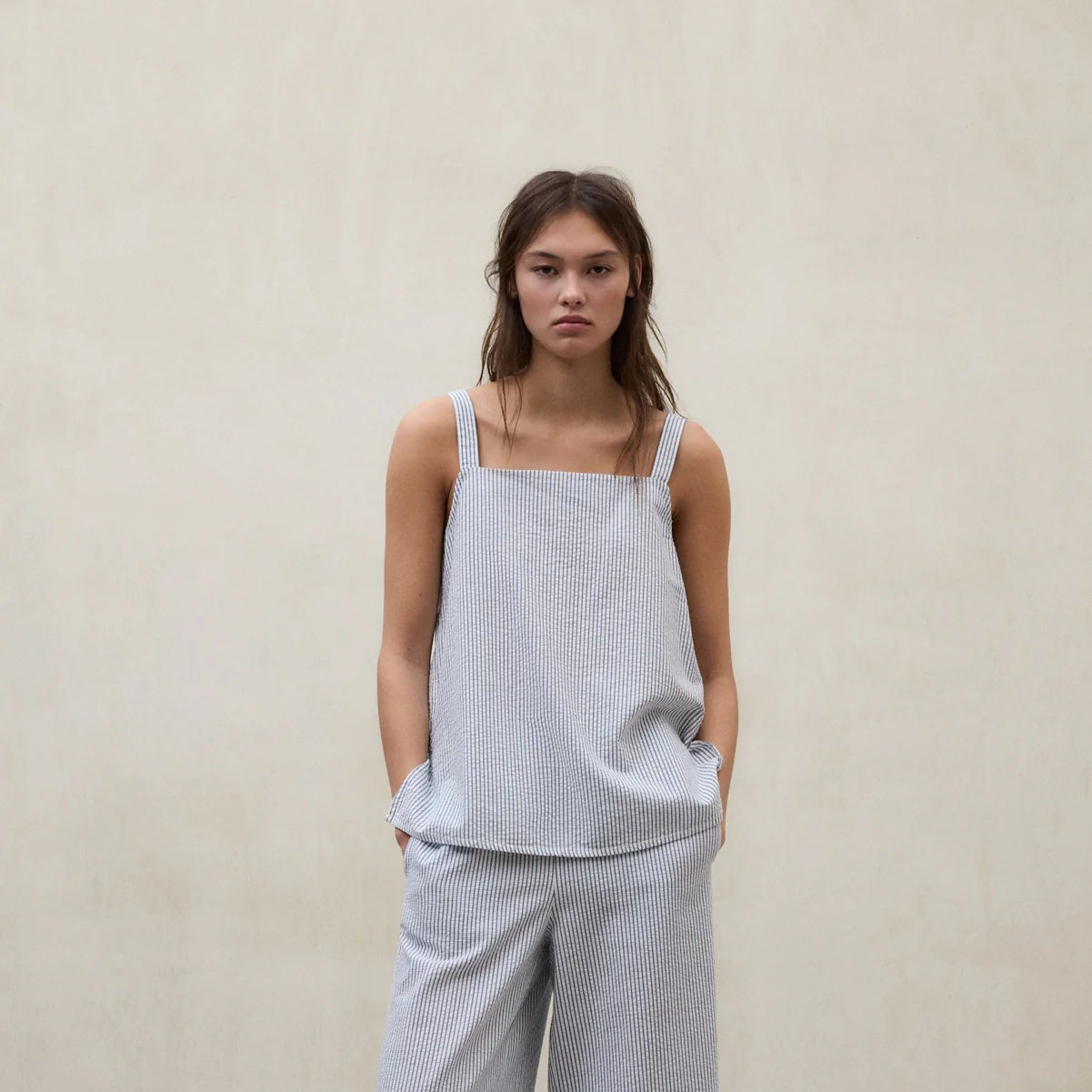 Aria Striped Top - Ecru/ Blue Stripes