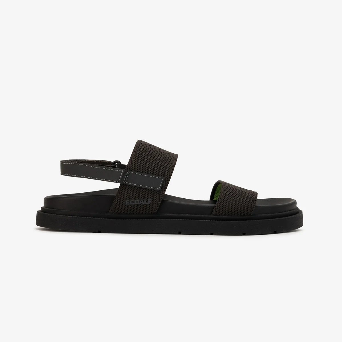Black Ecoalf platform sandals with two textured fabric straps and an ankle strap.