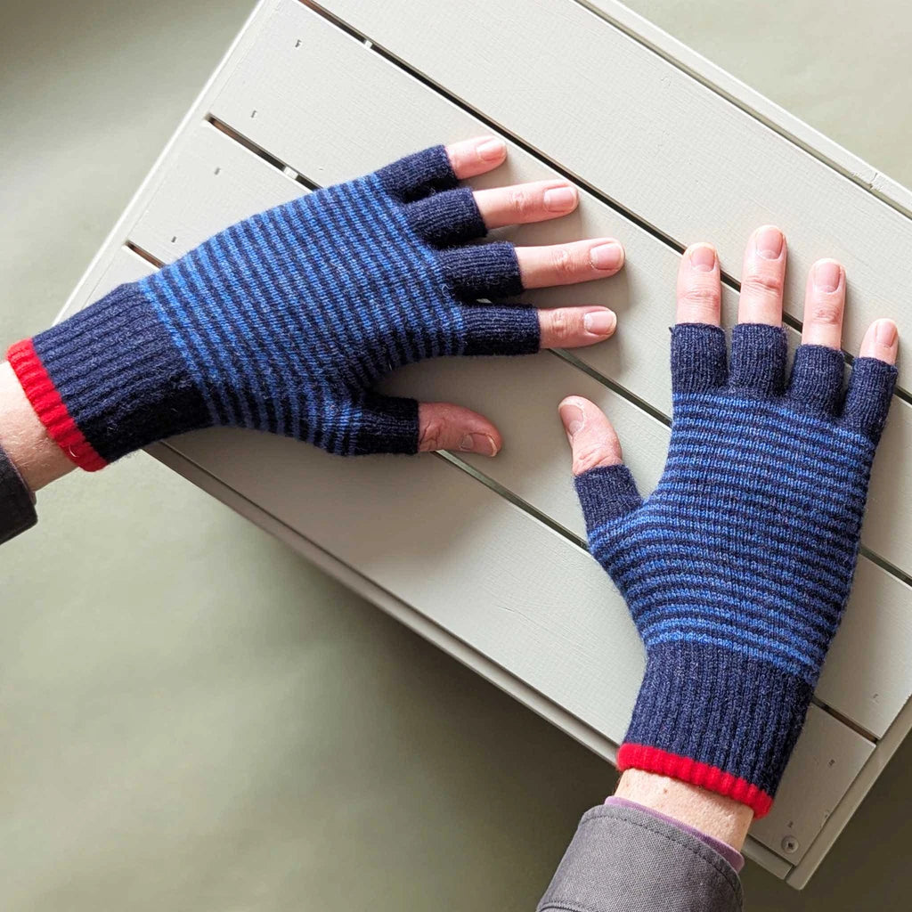 Lambswool Fingerless Gloves - Navy Stripe