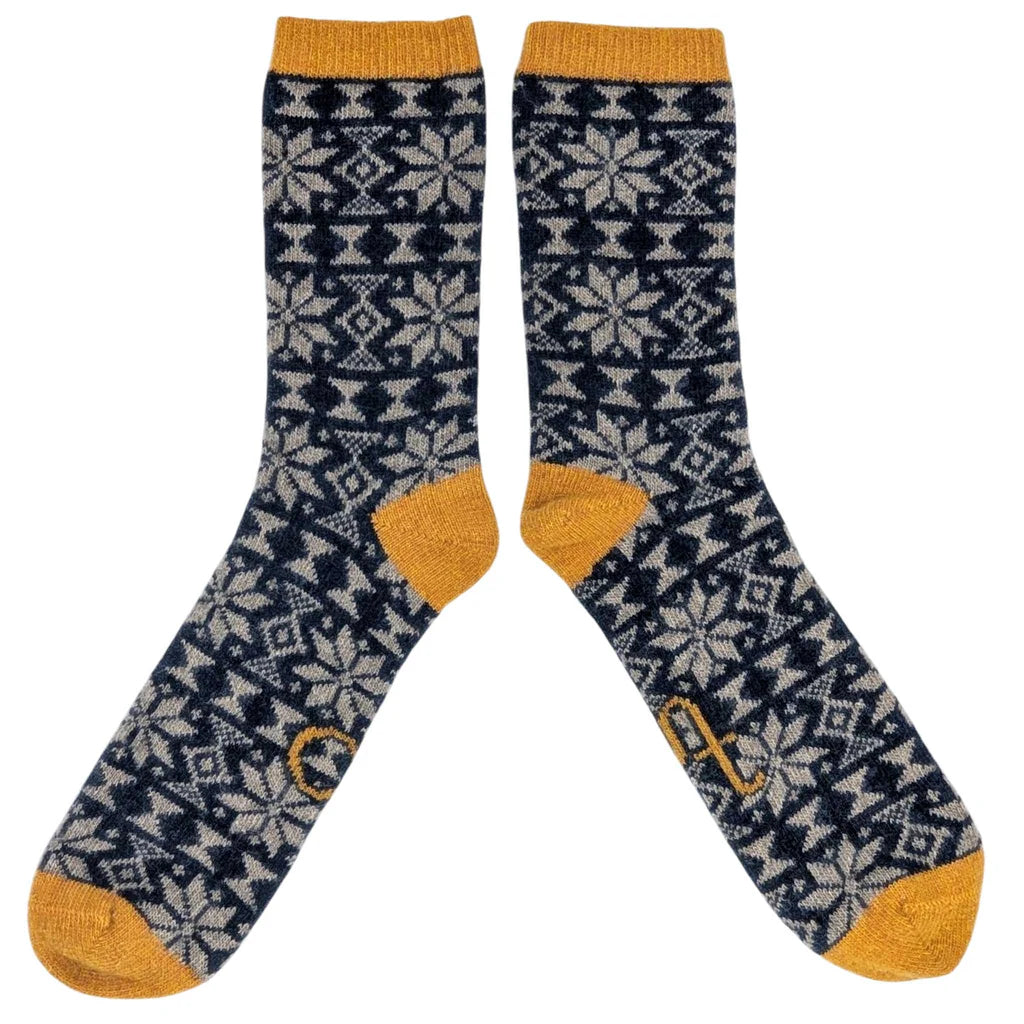 Men's Lambswool Ankle Socks - Fair Isle - Navy/Ginger