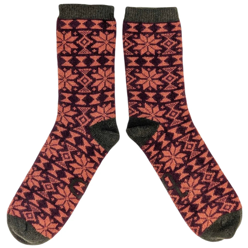 Men's Lambswool Ankle Socks - Fair Isle - Plum / Dark Green