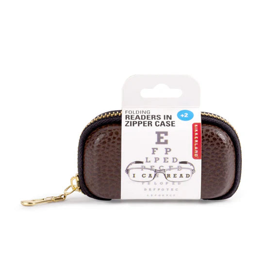 Brown leather zipper case containing folding reading glasses; +2 strength.
