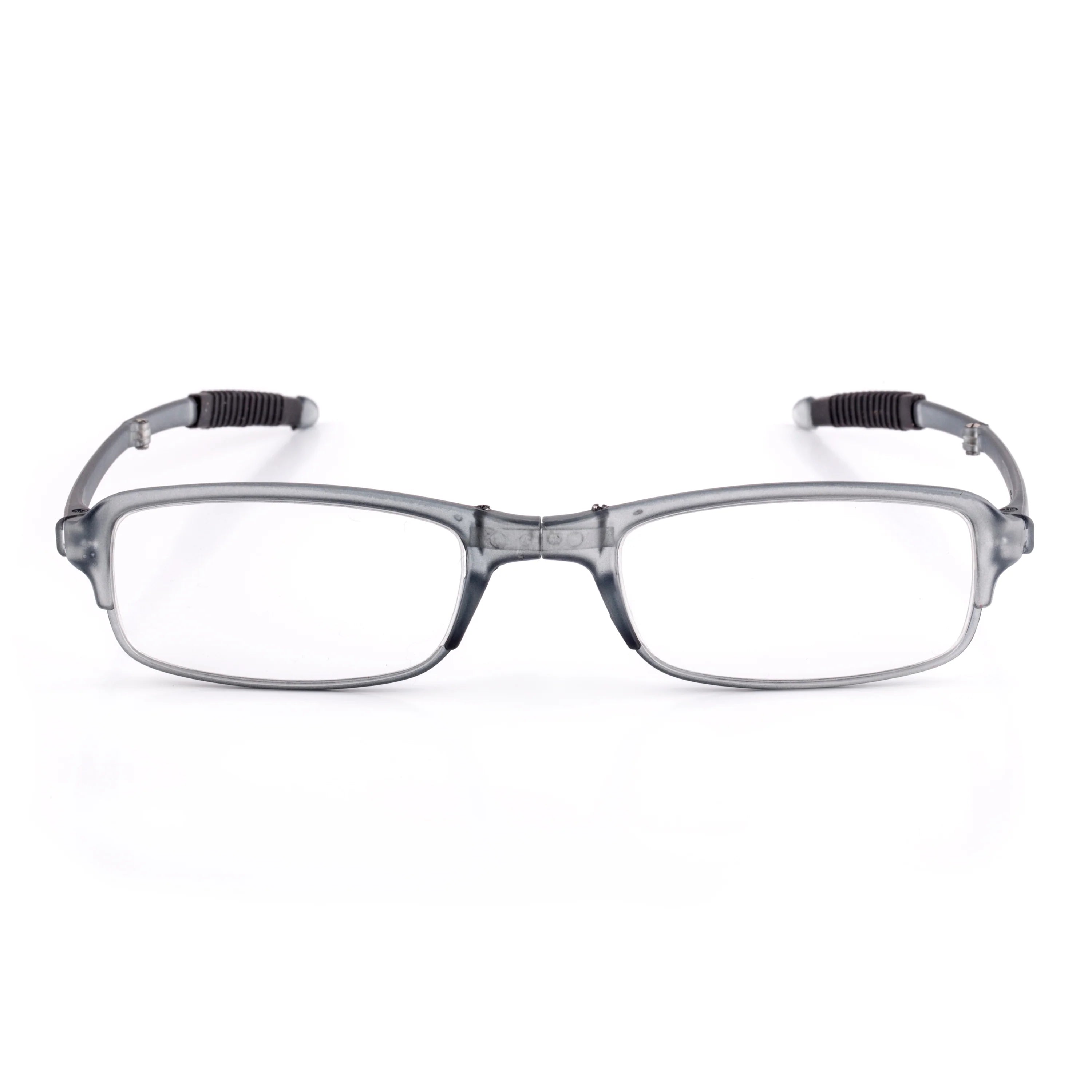 Gray rectangular reading glasses with dark gray temples and rubber grips.