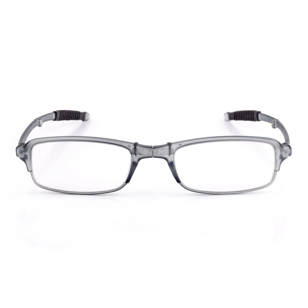 Gray rectangular reading glasses with dark gray temples and rubber grips.