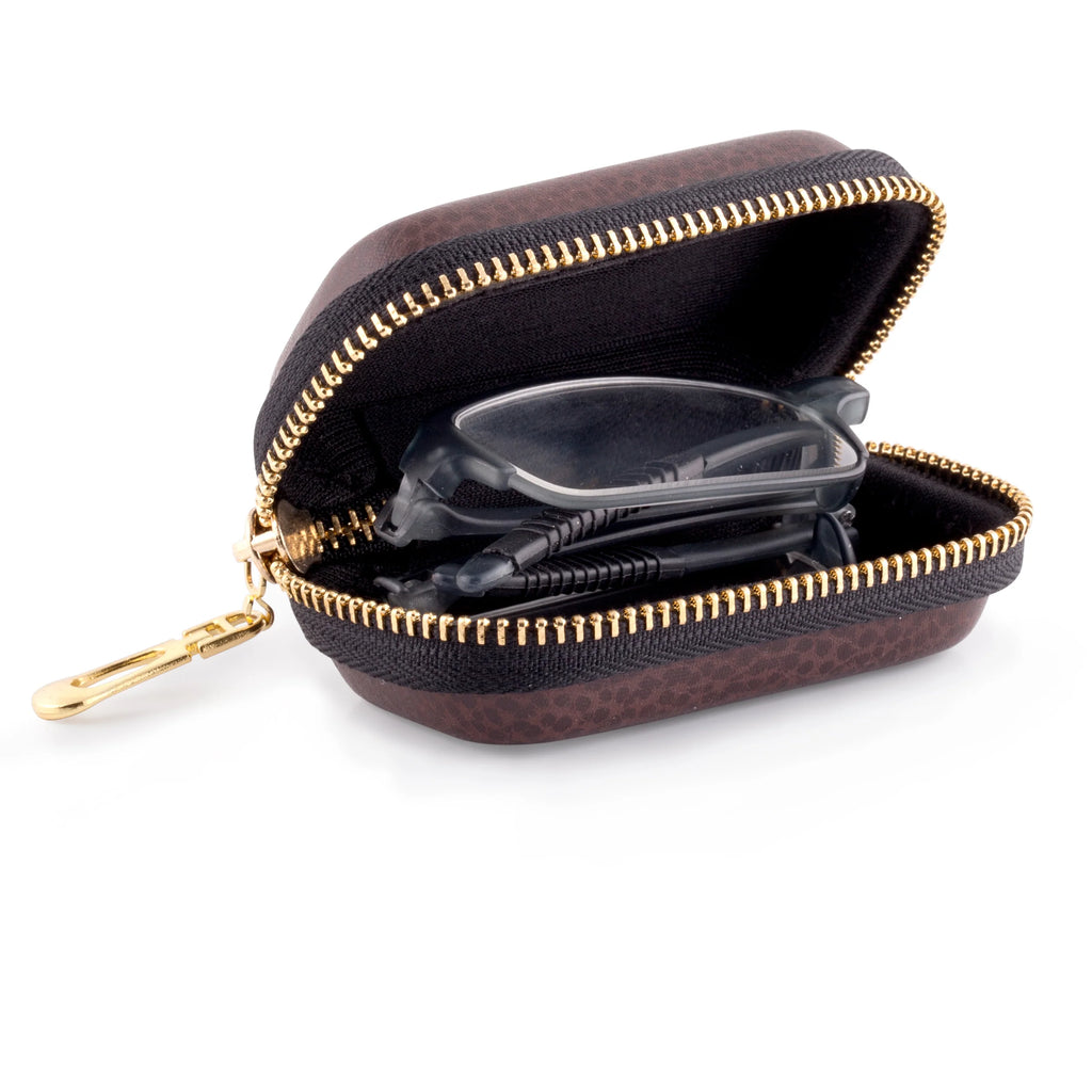 Folding reading glasses in a brown zippered case with a gold clasp.