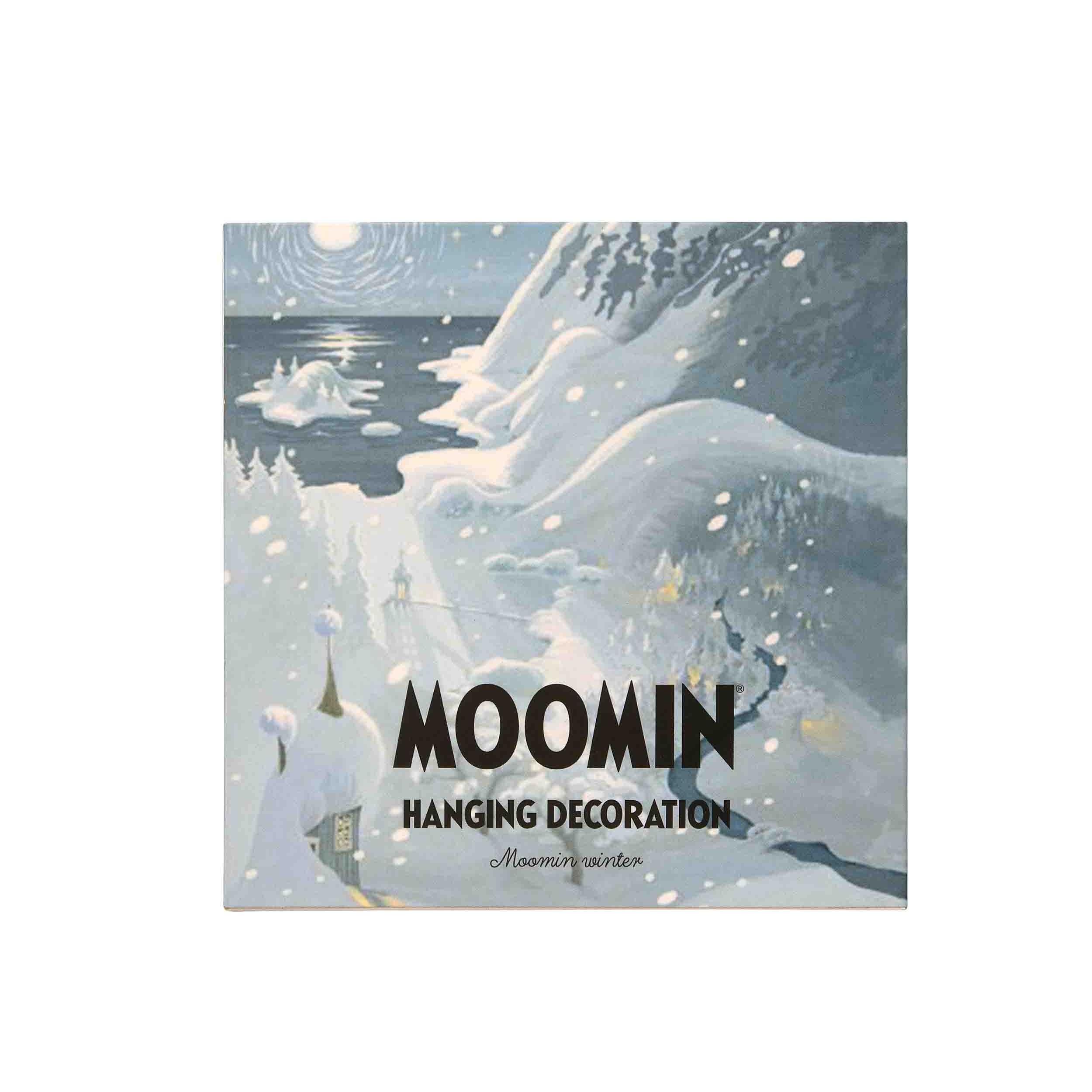 Moomin hanging decoration with a snowy landscape design on a white background
