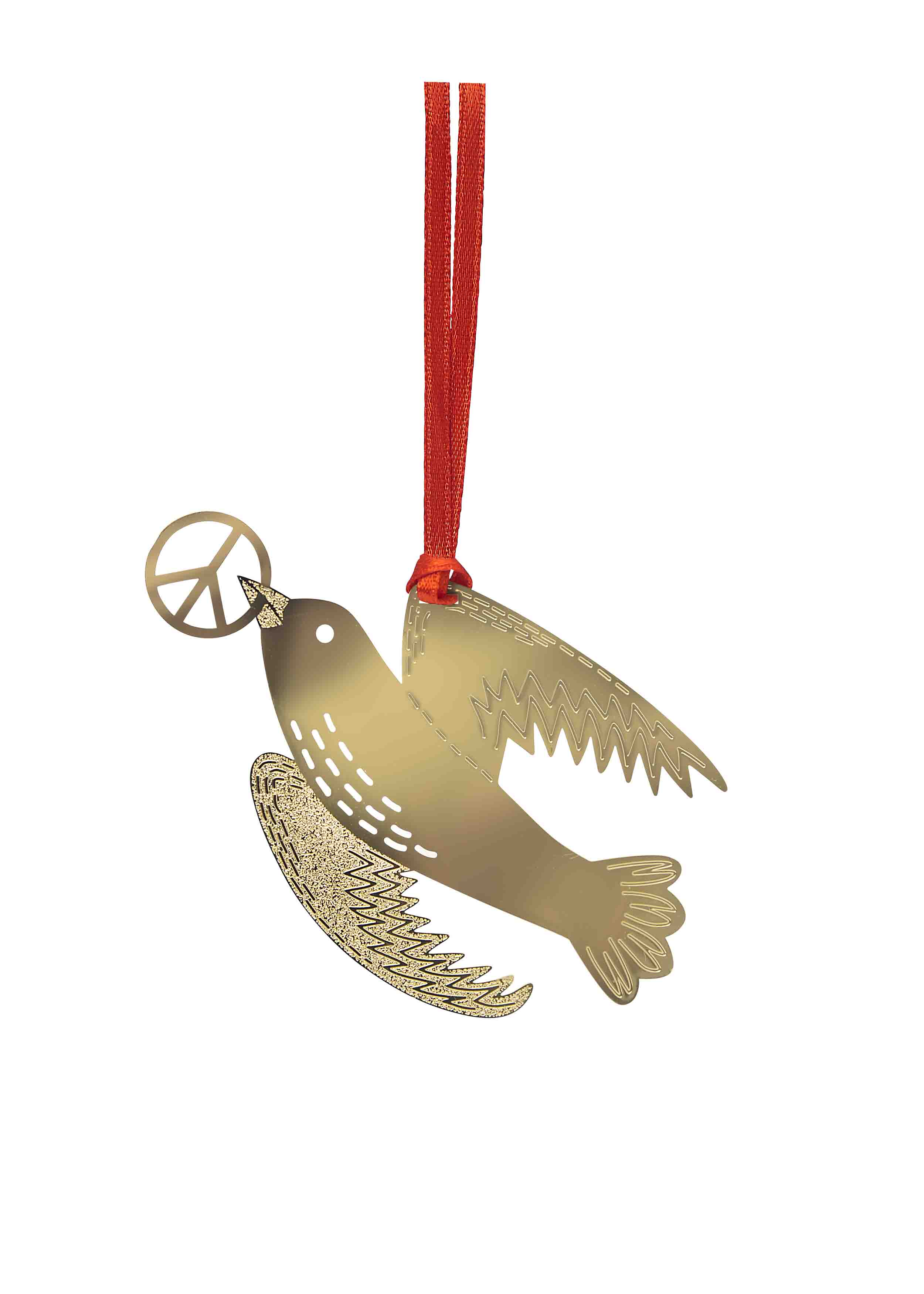 A gold-colored metal peace bird Christmas ornament holding a peace sign in its beak, suspended from a red ribbon on a white background.