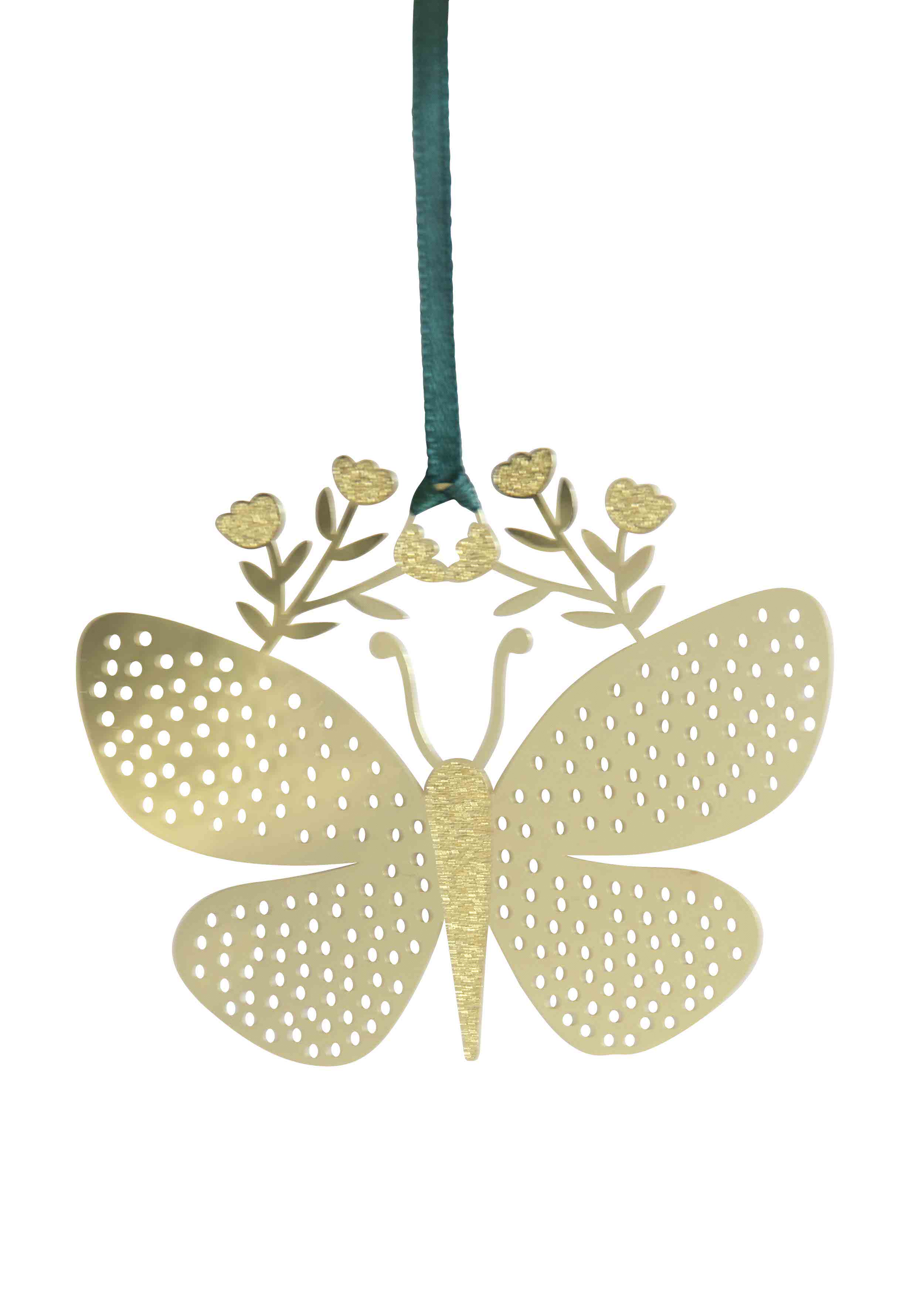 Decorative butterfly ornament with floral details on a white background