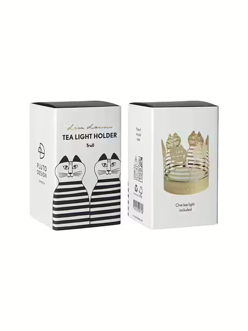 Two packaging boxes for a tea light holder with cat design on a white background