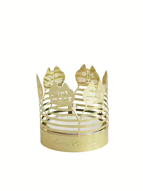 Gold candle holder with cat designs on a white background