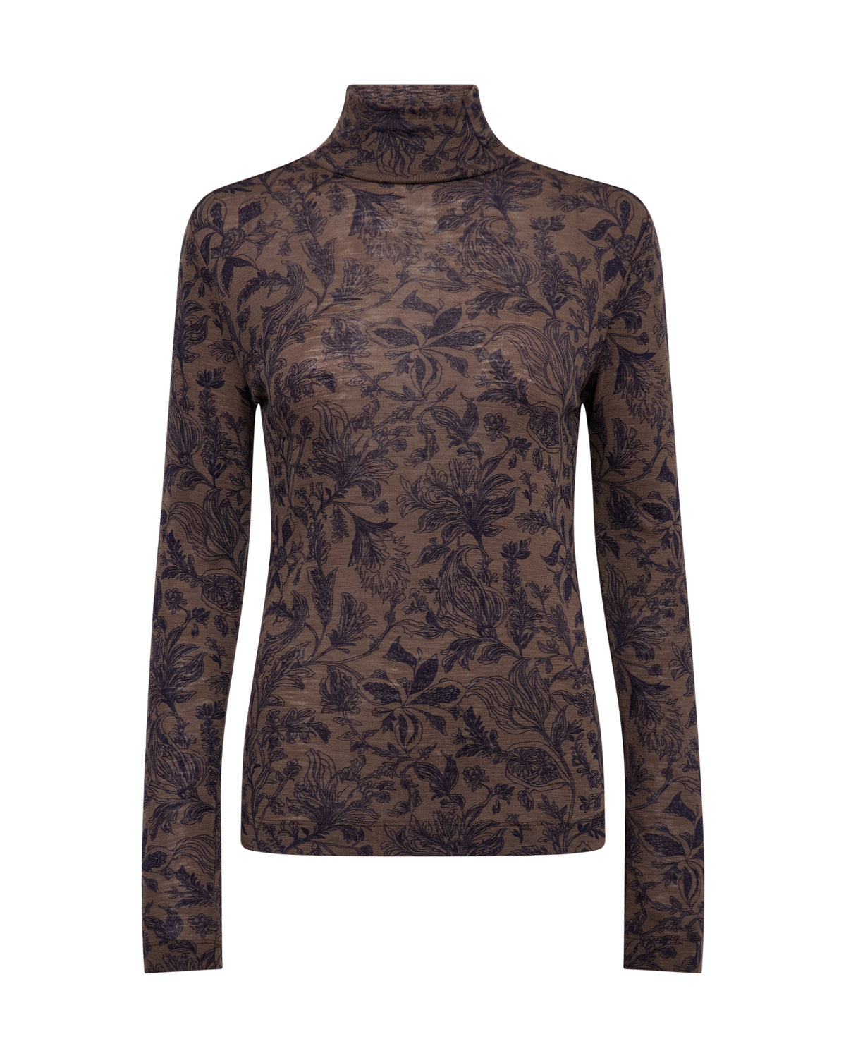 A long-sleeve mock neck top featuring an all-over floral jacquard pattern in dark brown and deep purple, displayed on a clean white background.