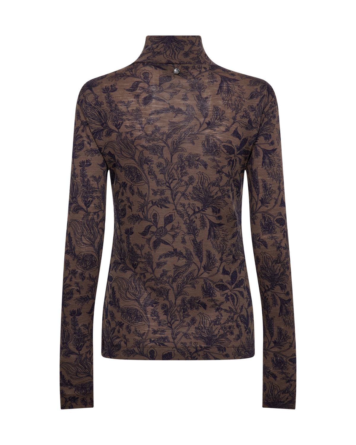 A long-sleeve mock neck top featuring an all-over floral jacquard pattern in dark brown and black, displayed on a clean white background.
