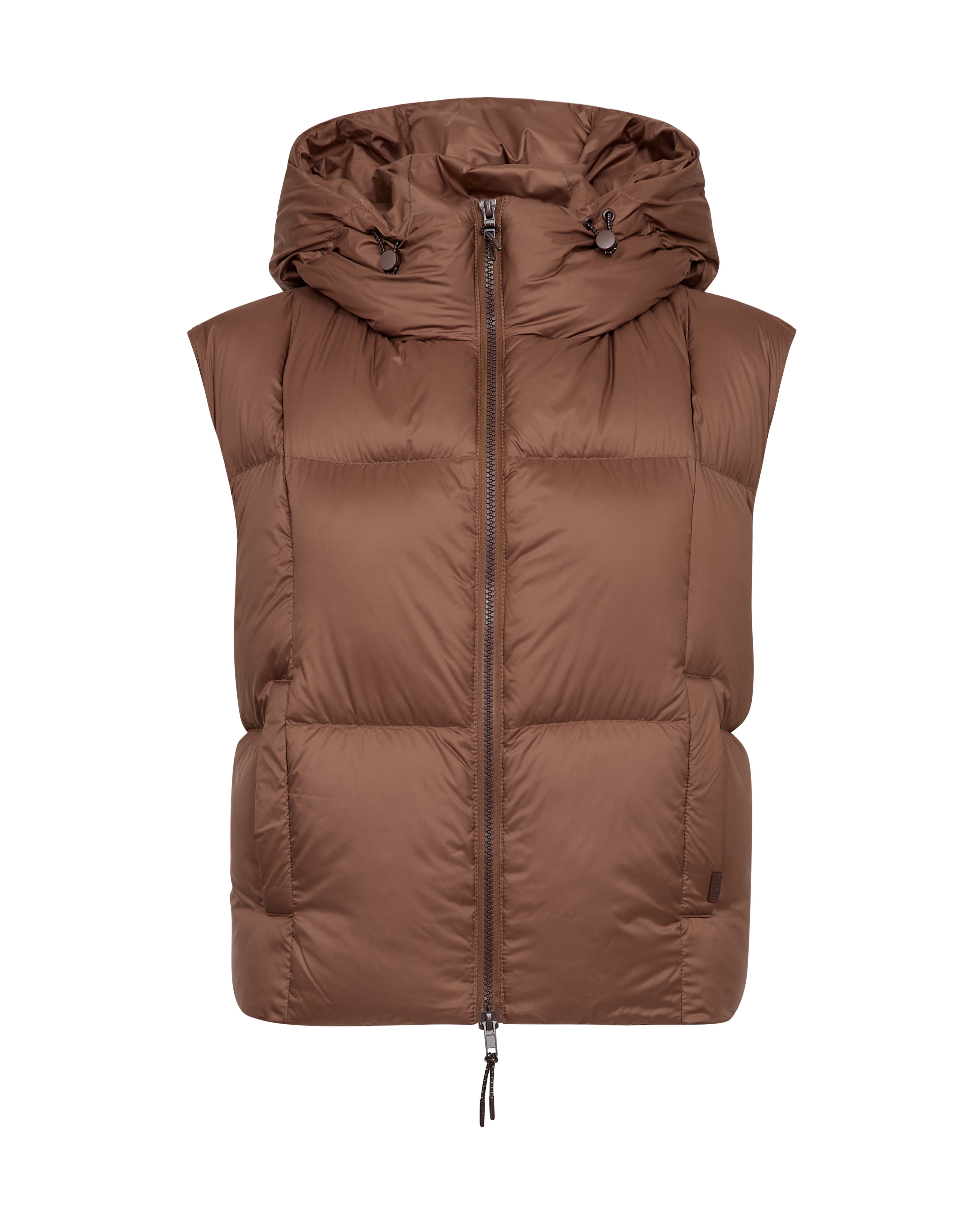 A brown hooded puffer vest with horizontal quilting, a front zipper, and side pockets, shown against a plain white background.