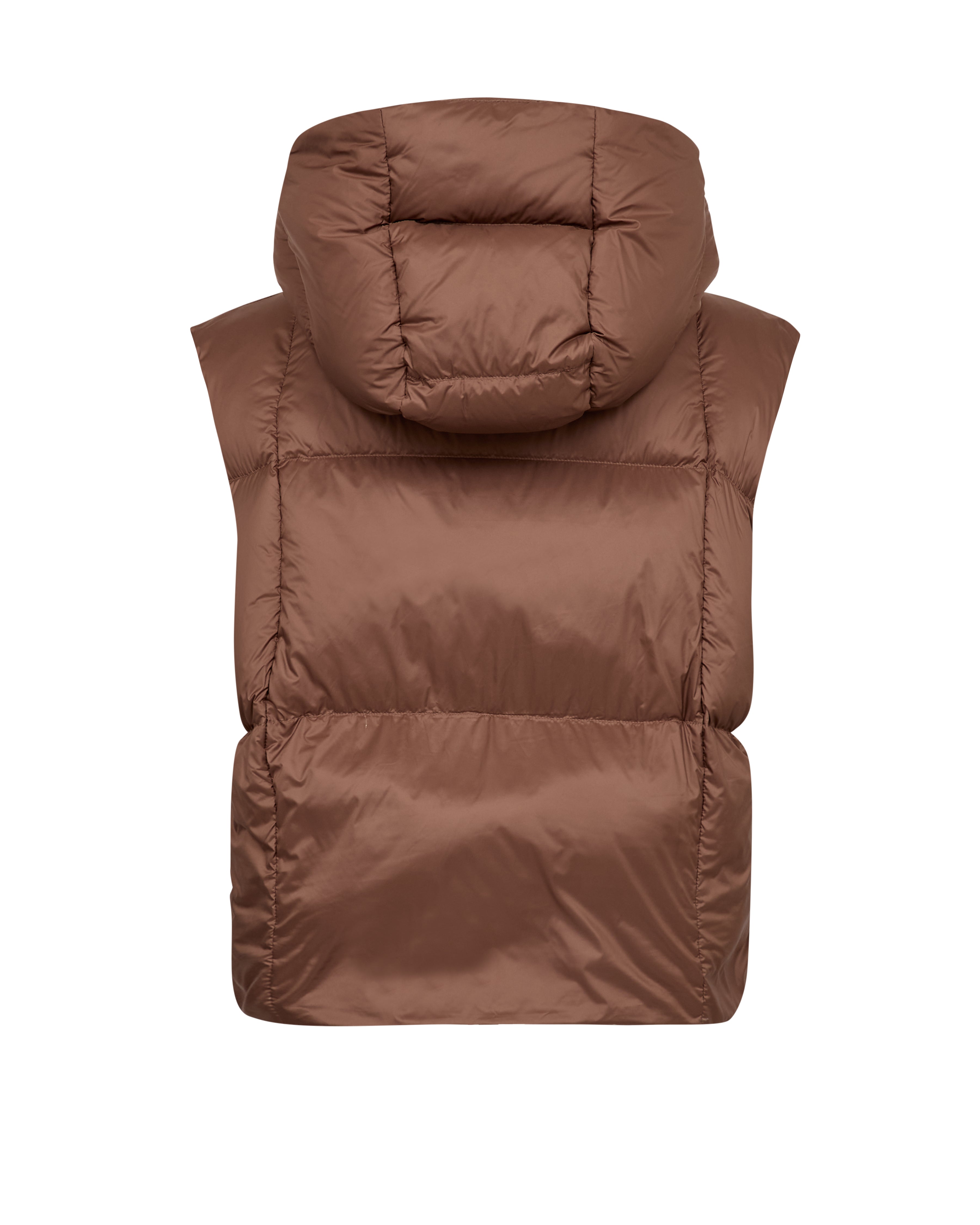 A brown puffer vest with a hood, shown from the back on a plain white background.