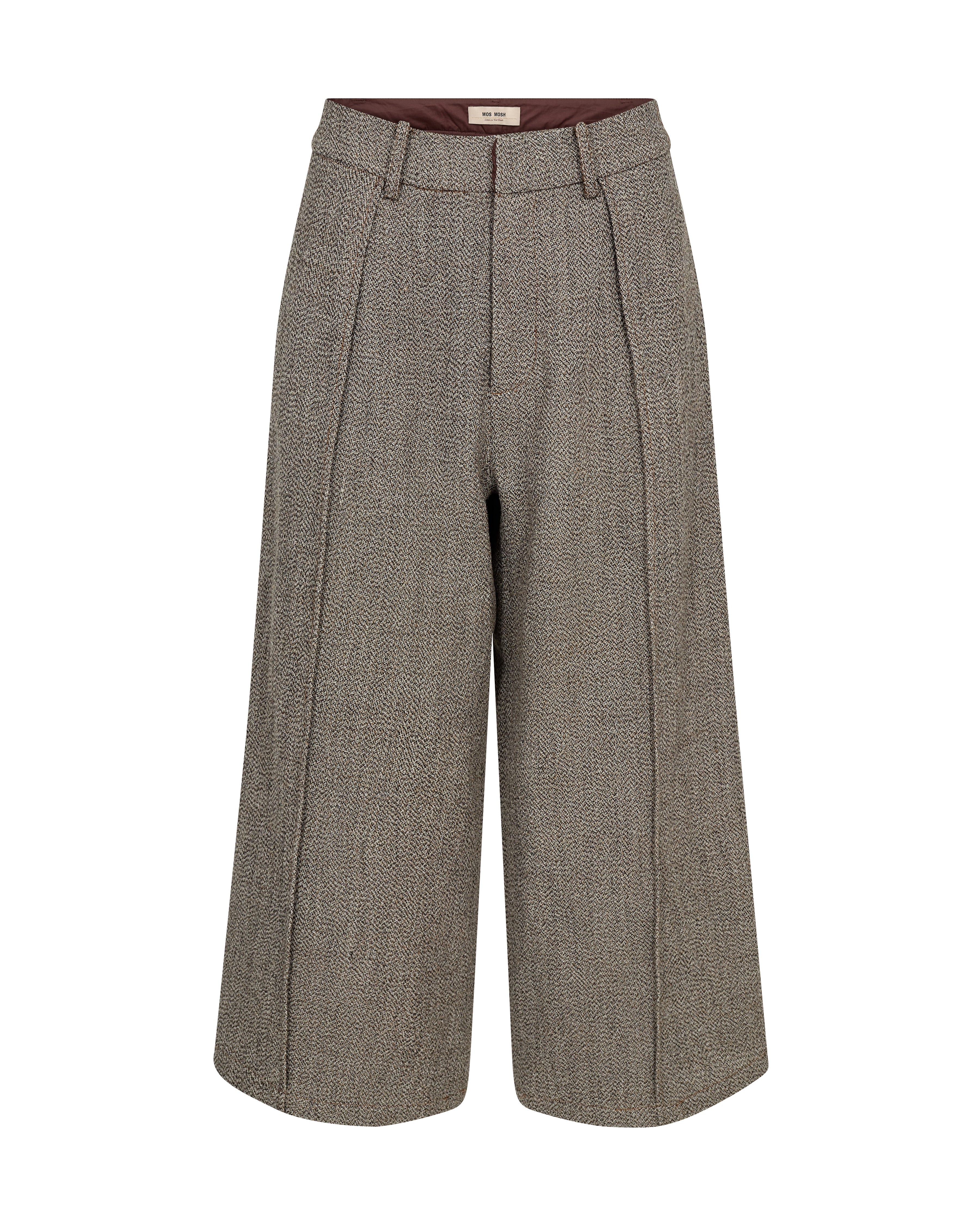 A pair of high-waisted, wide-leg cropped trousers in a brown and beige herringbone pattern, shown against a plain white background.