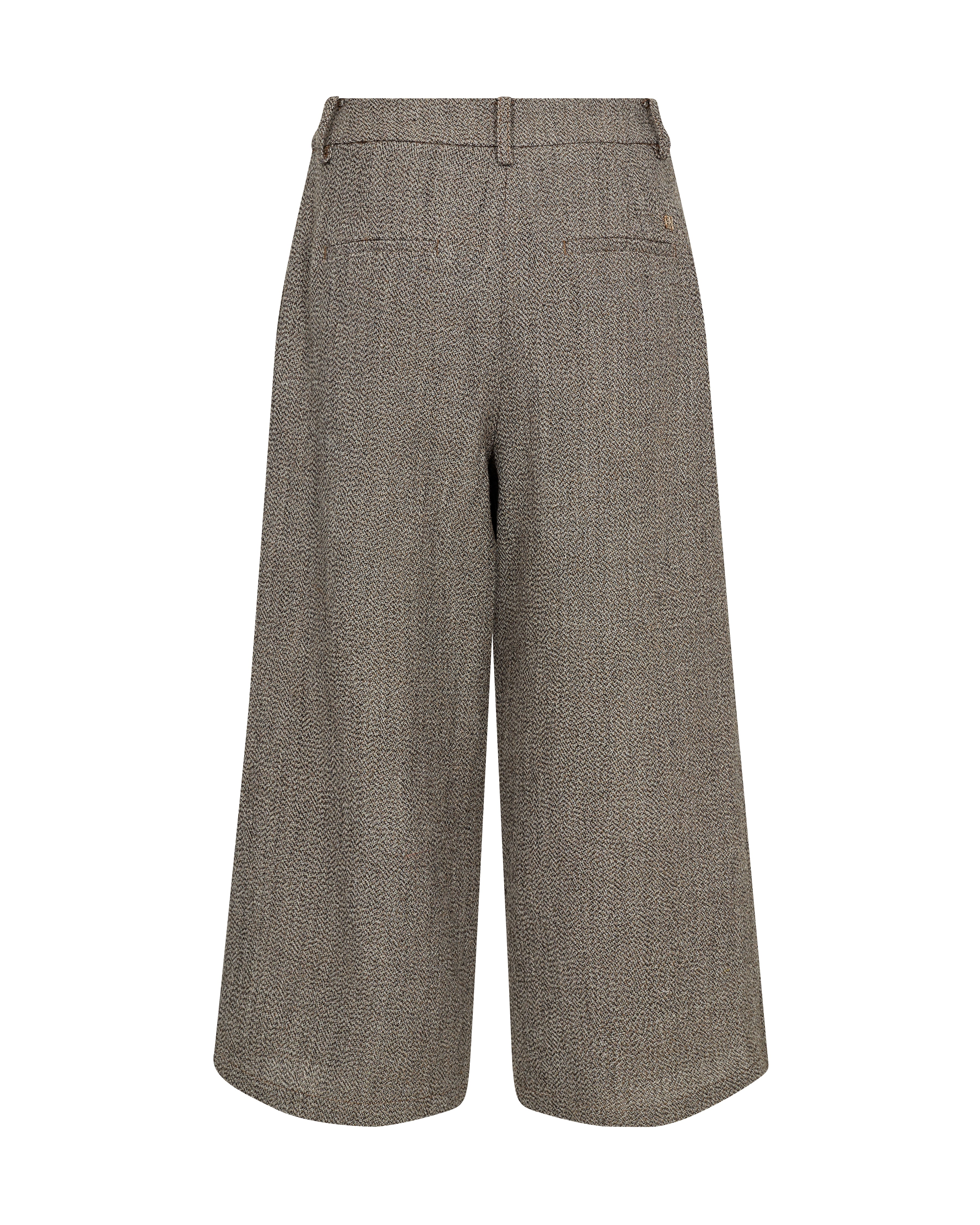 A pair of high-waisted, wide-leg cropped trousers in a textured brown and beige houndstooth pattern, shown from the back against a plain white background.