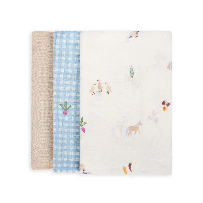 Three fabric swatches with different patterns on a white background