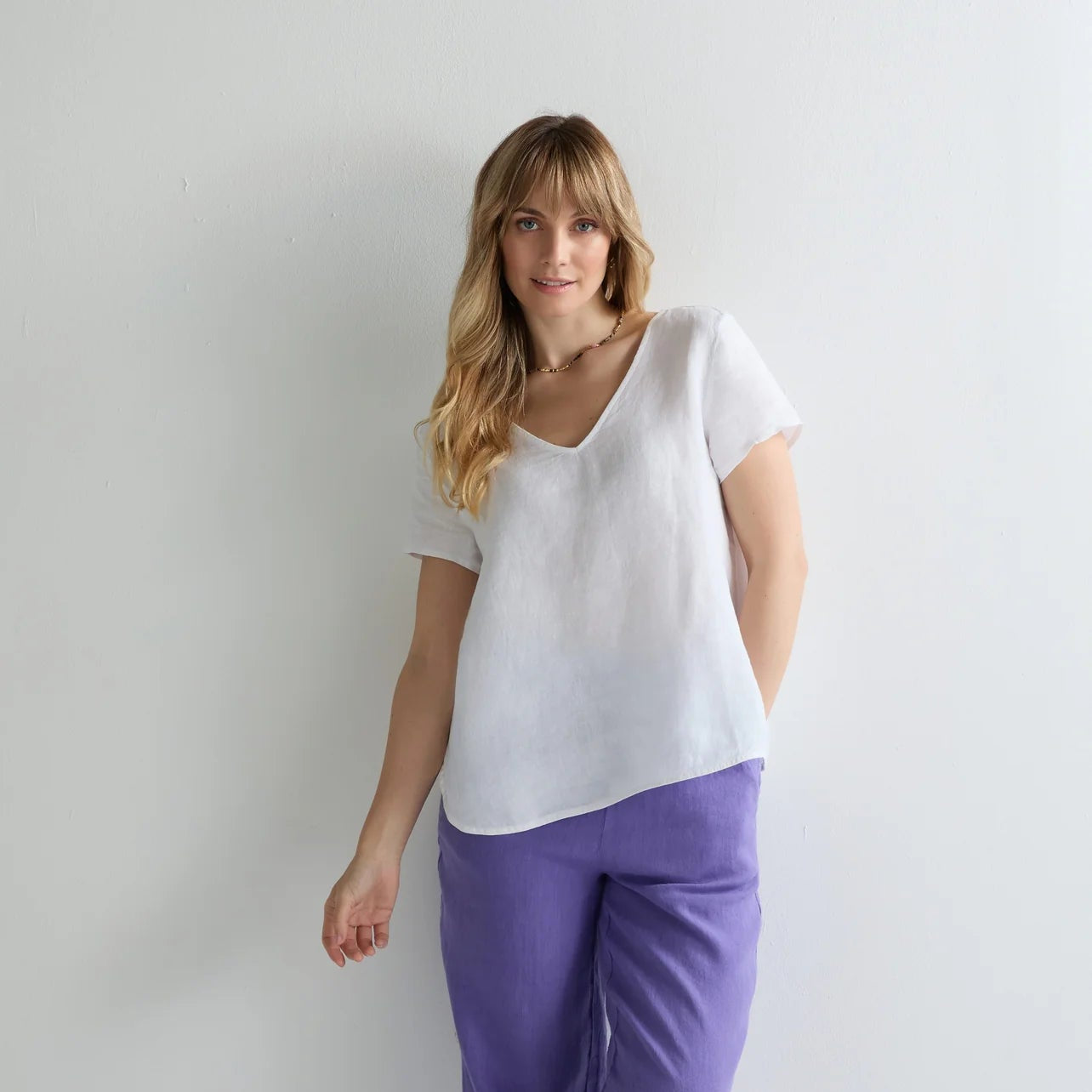 Linen Button Back Top - White