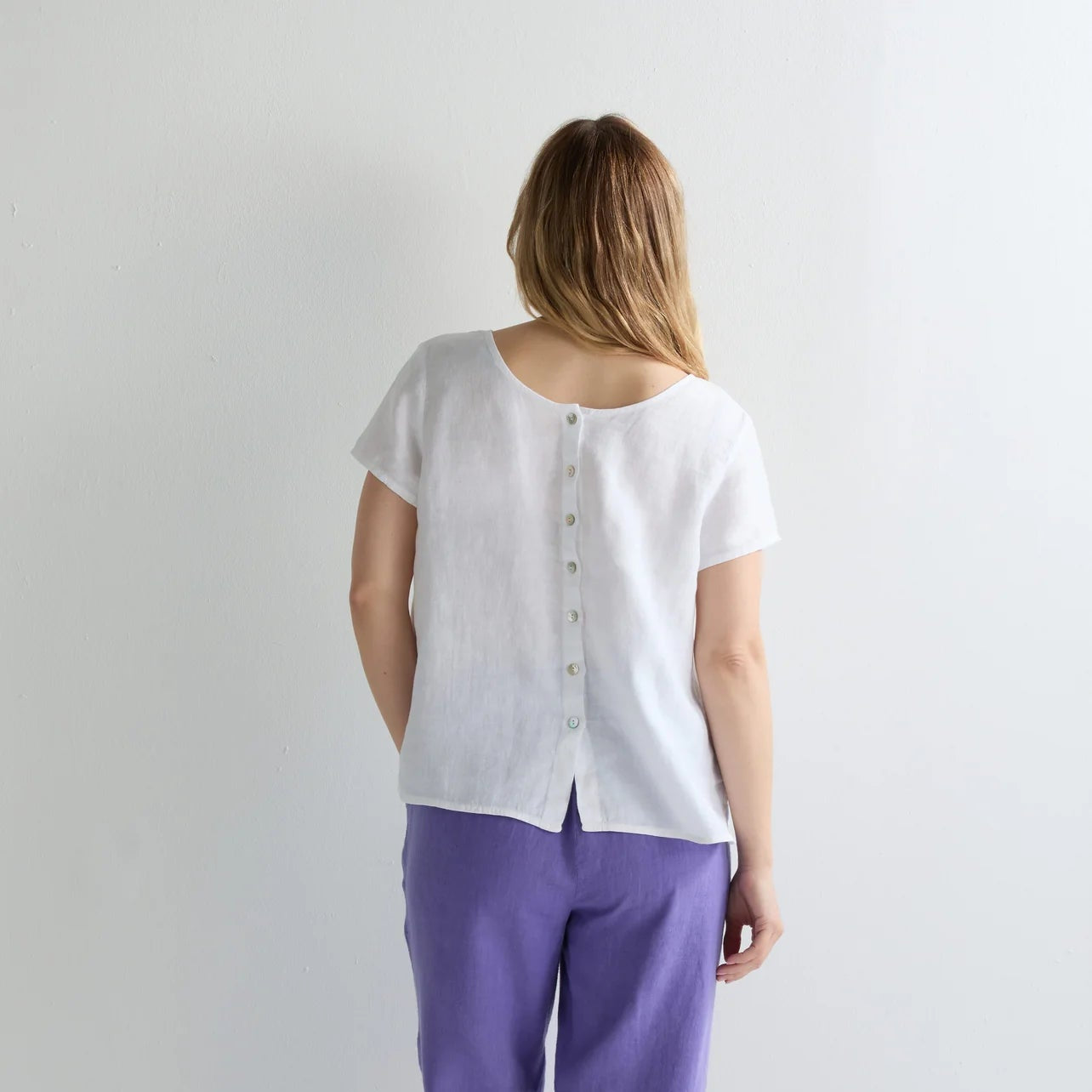Linen Button Back Top - White