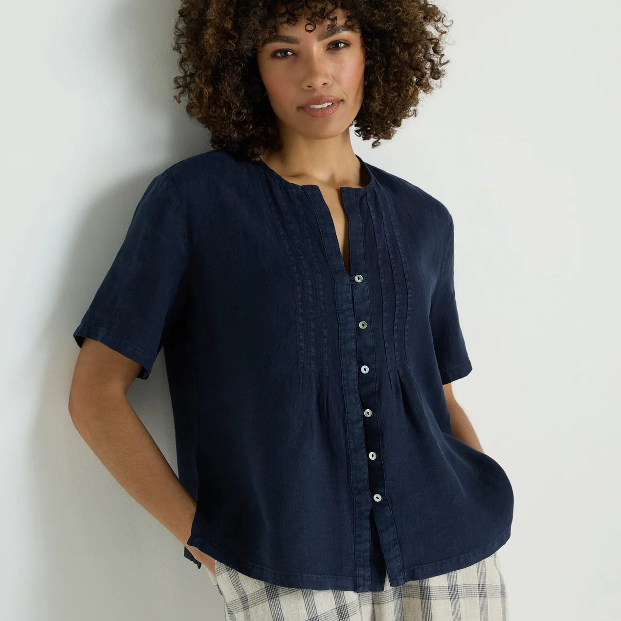 Linen Pleat Short Sleeved Shirt - Night