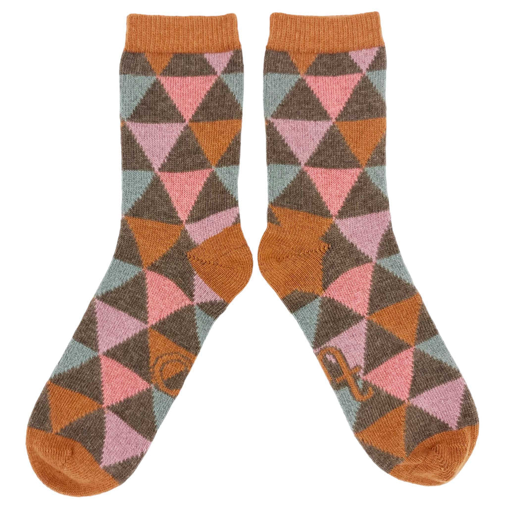Pair of ankle socks with a geometric pattern of brown, pink, and teal triangles.